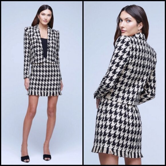 💕L'AGENCE Inez Tweed Blazer + Livia Tweed Skirt Light Camel Black Houndstooth 6 - Picture 1 of 16